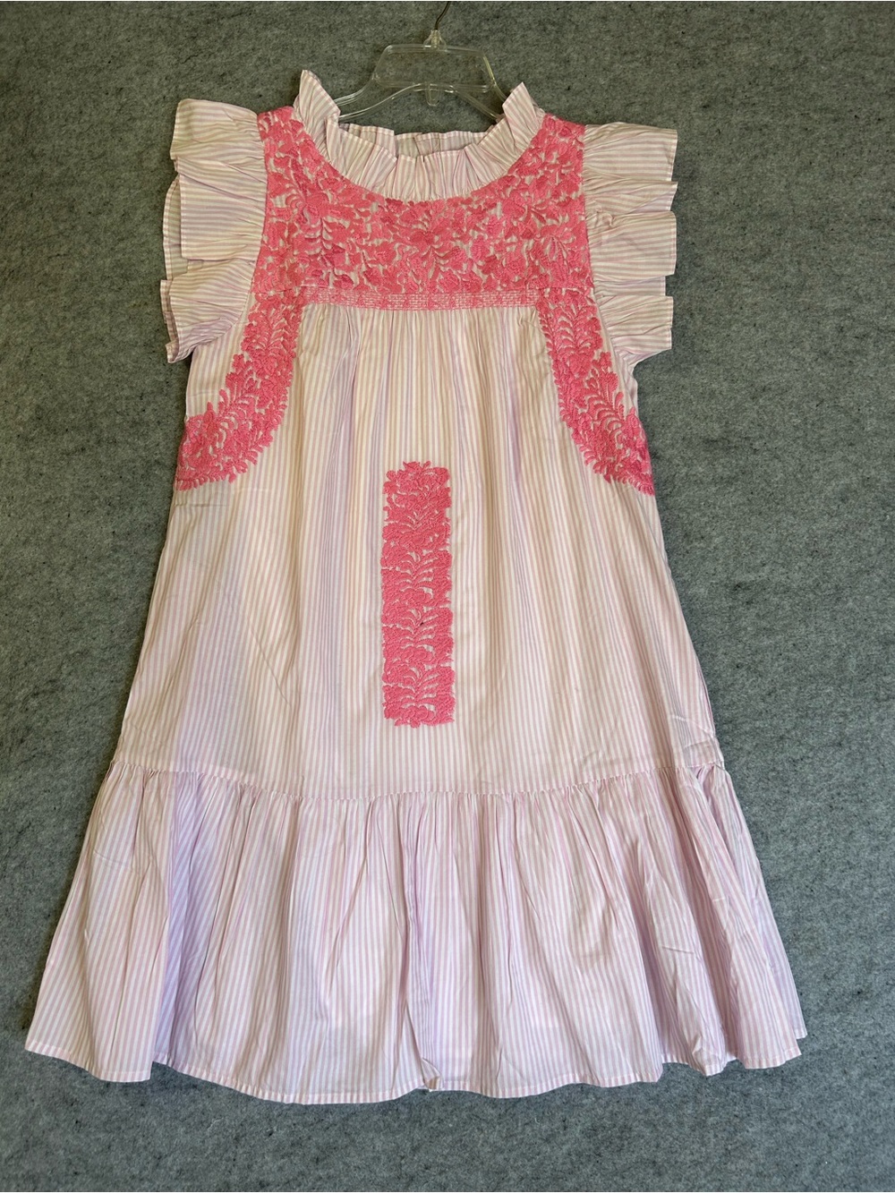 J Marie Pink and White striped Embroidered ruffle neck Dress size S spot